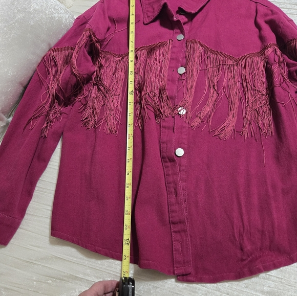 Dark Pink Fringe Button-Up Jean Shacket. NWOT.. Never Worn - Picture 5 of 6